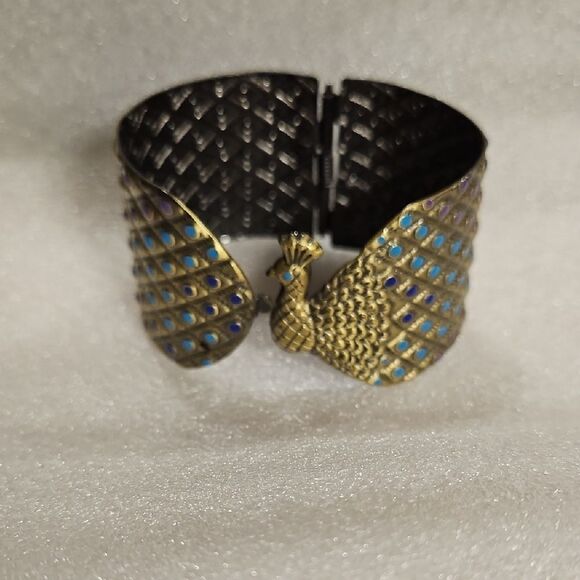 Peacock Design Gold tone and Blue Cuff Bracelet - Picture 3 of 3